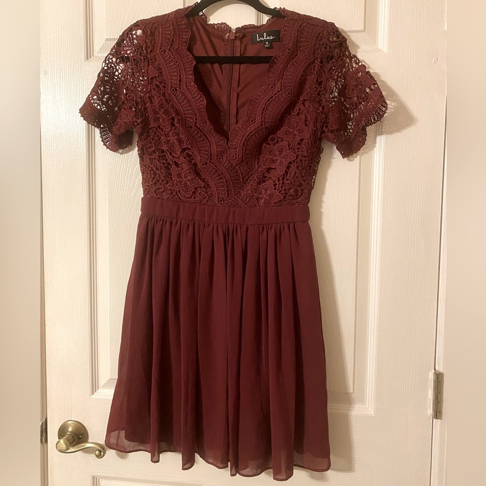 Lulu's Angel in Disguise Burgundy Lace Skater Dress -- Fall Wedding Guest Dress!